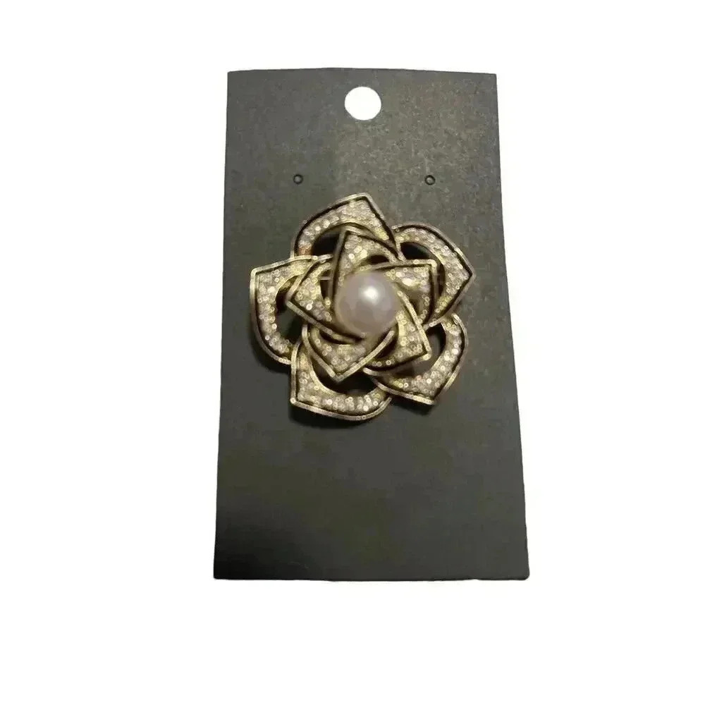 BEAUTIFUL GOLD COLOURED BLACK ENAMEL WHITE STONES FLOWER BROOCH